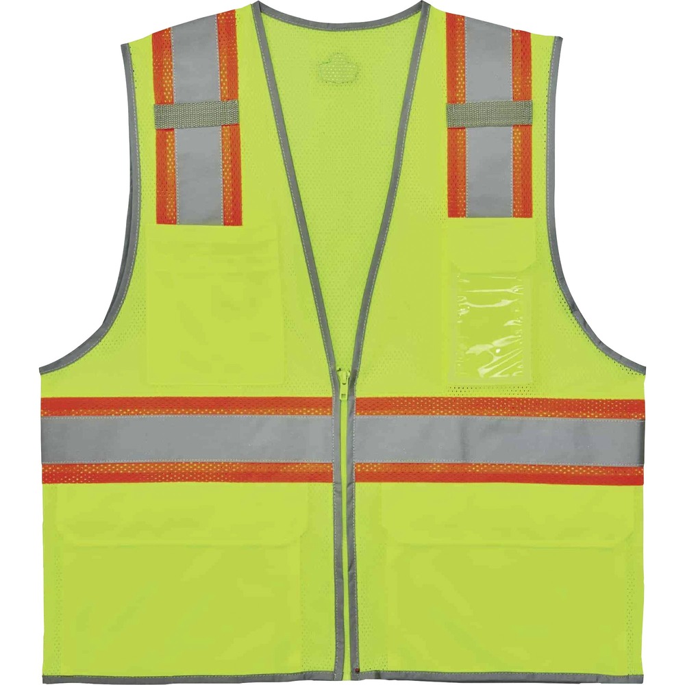 EGO24143 - 8246Z Two-Tone High-Visibility Safety Vest is Type R, Class 2 compliant and meets ANSI/ISEA 107-2020 visibility requirements. 2" reflective tape on 3-1/2" contrasting mesh and reflective piping enhance visibility in low-light conditions. Lightweight, polyester mesh (3.3 oz.) features a zipper closure for easy on/off access. Two interior and four exterior pockets maximize storage to keep essential items within reach. ID badge holder is clear for effortless readability and access. Dual mic tabs let you conveniently use your radio. Machine-washable safety vest is ideal for anyone requiring Type R, Class 2 apparel including road construction, baggage handling and municipalities. Dual sizes allow a looser fit to wear over sweatshirts or jackets.