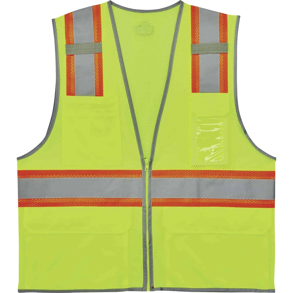 EGO24145 - 8246Z Two-Tone High-Visibility Safety Vest is Type R, Class 2 compliant and meets ANSI/ISEA 107-2020 visibility requirements. 2" reflective tape on 3-1/2" contrasting mesh and reflective piping enhance visibility in low-light conditions. Lightweight, polyester mesh (3.3 oz.) features a zipper closure for easy on/off access. Two interior and four exterior pockets maximize storage to keep essential items within reach. ID badge holder is clear for effortless readability and access. Dual mic tabs let you conveniently use your radio. Machine-washable safety vest is ideal for anyone requiring Type R, Class 2 apparel including road construction, baggage handling and municipalities. Dual sizes allow a looser fit to wear over sweatshirts or jackets.