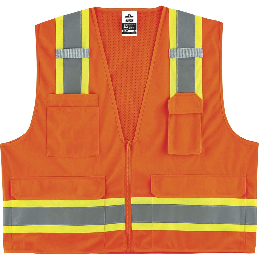 EGO24063 - Made of ANSI-compliant, polyester solid material (3.6 oz) with a mesh back (3.3 oz), 8248Z Two-Tone Surveyors Vest is Type R, Class 2-approved for worker safety in low-visibility conditions. ANSI-compliant, 3M Scotchlite reflective tape and fluorescent color provide maximum visibility and protection against dangerous situations while working. Contrasting, fluorescent 3-1/2" sections cross vertically and horizontally with reflective tape to further enhance visibility. Store and quickly access equipment in two outside and four inside pockets. They include storage space for pens, phones, notepads and more. Zipper closure provides quick, on/off movements. Vest conveniently holds two radios with the stable mic tabs.