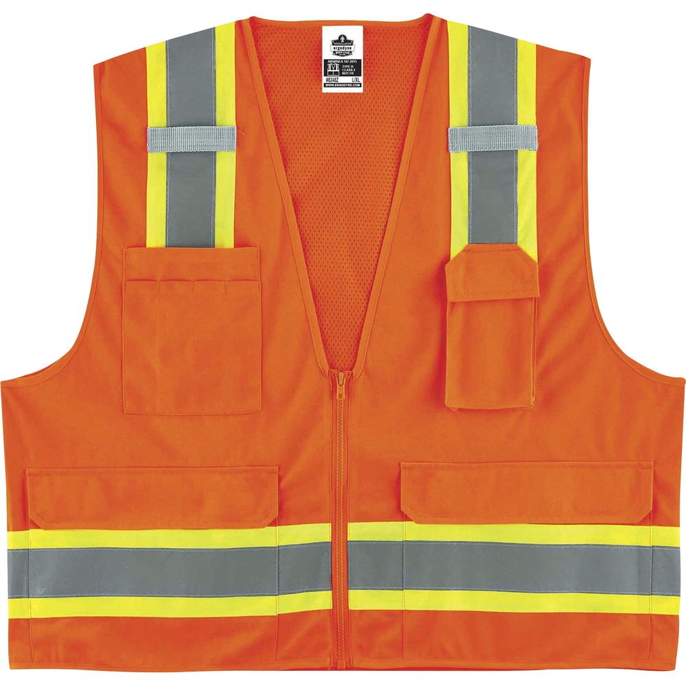 EGO24065 - Made of ANSI-compliant, polyester solid material (3.6 oz) with a mesh back (3.3 oz), 8248Z Two-Tone Surveyors Vest is Type R, Class 2-approved for worker safety in low-visibility conditions. ANSI-compliant, 3M Scotchlite reflective tape and fluorescent color provide maximum visibility and protection against dangerous situations while working. Contrasting, fluorescent 3-1/2" sections cross vertically and horizontally with reflective tape to further enhance visibility. Store and quickly access equipment in two outside and four inside pockets. They include storage space for pens, phones, notepads and more. Zipper closure provides quick, on/off movements. Vest conveniently holds two radios with the stable mic tabs.