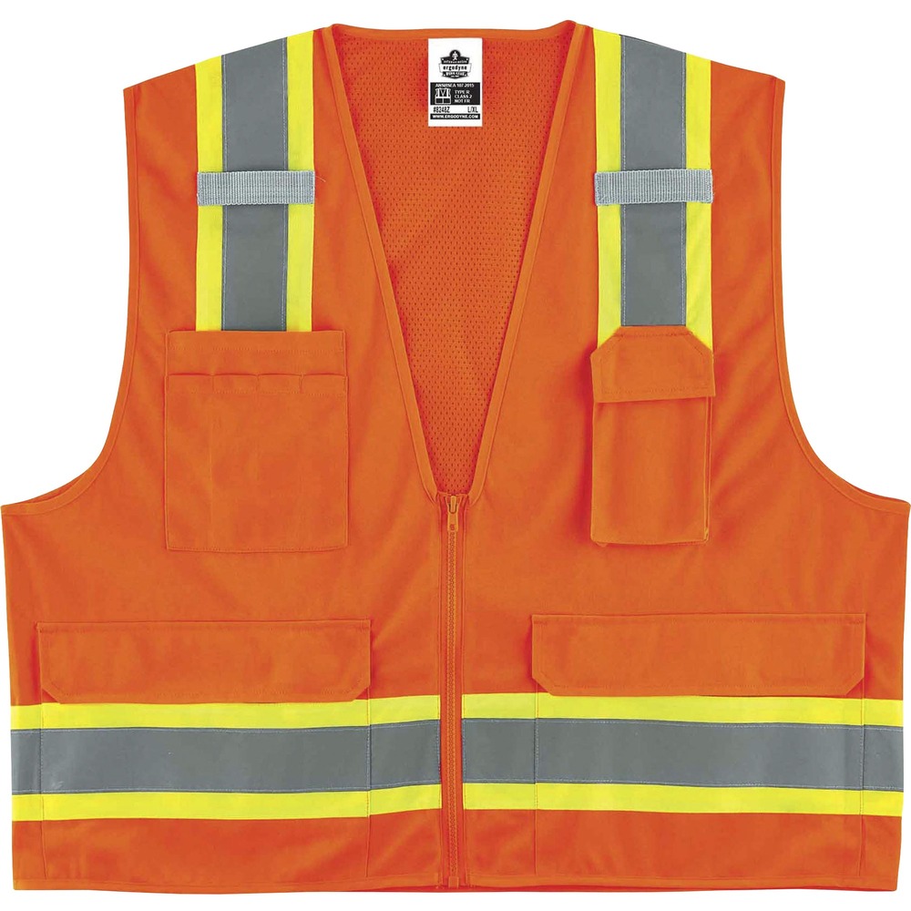 EGO24069 - Made of ANSI-compliant, polyester solid material (3.6 oz) with a mesh back (3.3 oz), 8248Z Two-Tone Surveyors Vest is Type R, Class 2-approved for worker safety in low-visibility conditions. ANSI-compliant, 3M Scotchlite reflective tape and fluorescent color provide maximum visibility and protection against dangerous situations while working. Contrasting, fluorescent 3-1/2" sections cross vertically and horizontally with reflective tape to further enhance visibility. Store and quickly access equipment in two outside and four inside pockets. They include storage space for pens, phones, notepads and more. Zipper closure provides quick, on/off movements. Vest conveniently holds two radios with the stable mic tabs.