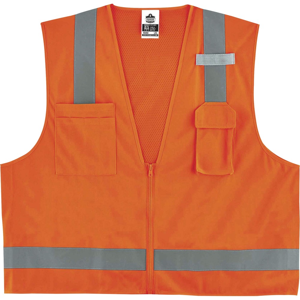 EGO24013 - Hi-Vis Surveyors Vest is a Type R, Class 2 economy vest with a polyester solid front (3.6 oz) and breathable, polyester mesh back (3.3 oz). It meets ANSI/ISEA 107-2020 visibility requirements. 2" reflective tape delivers enhanced, low-light visibility. With two interior and two exterior pockets, this vest provides ample storage for pens, notebooks, tablets and more. Store your phone in the vest's handy, designated phone pocket. Single mic tab allows convenient radio access. Zipper closure provides quick on/off movements. Vest comes in dual sizing to accommodate different fits and bulky clothing. Reflective safety vest is ideal for anyone requiring Type R, Class 2 apparel, including road construction, baggage handling and municipalities.