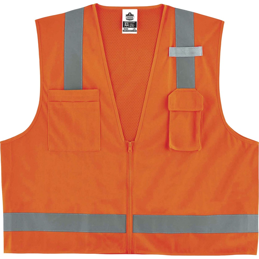 EGO24017 - Hi-Vis Surveyors Vest is a Type R, Class 2 economy vest with a polyester solid front (3.6 oz) and breathable, polyester mesh back (3.3 oz). It meets ANSI/ISEA 107-2020 visibility requirements. 2" reflective tape delivers enhanced, low-light visibility. With two interior and two exterior pockets, this vest provides ample storage for pens, notebooks, tablets and more. Store your phone in the vest's handy, designated phone pocket. Single mic tab allows convenient radio access. Zipper closure provides quick on/off movements. Vest comes in dual sizing to accommodate different fits and bulky clothing. Reflective safety vest is ideal for anyone requiring Type R, Class 2 apparel, including road construction, baggage handling and municipalities.