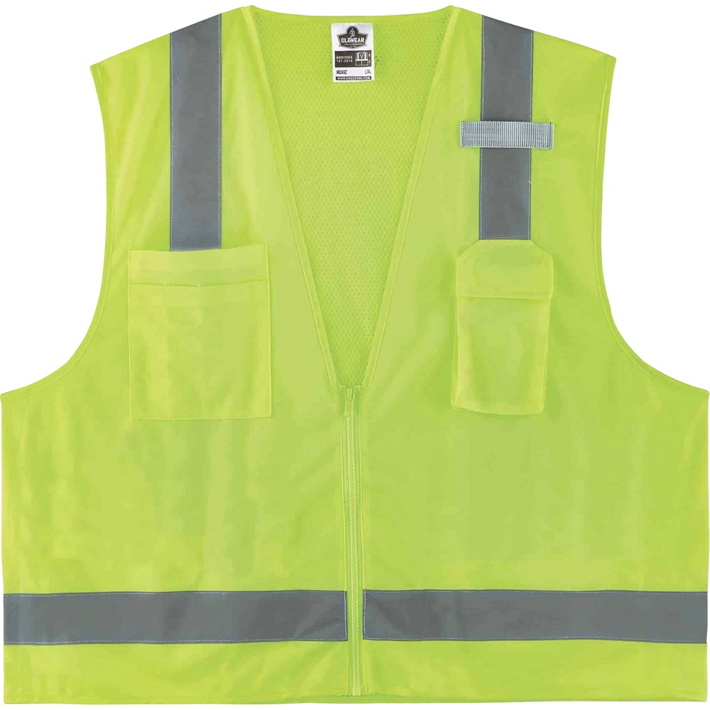 EGO24021 - Hi-Vis Surveyors Vest is a Type R, Class 2 economy vest with a polyester solid front (3.6 oz) and breathable, polyester mesh back (3.3 oz). It meets ANSI/ISEA 107-2020 visibility requirements. 2" reflective tape delivers enhanced, low-light visibility. With two interior and two exterior pockets, this vest provides ample storage for pens, notebooks, tablets and more. Store your phone in the vest's handy, designated phone pocket. Single mic tab allows convenient radio access. Zipper closure provides quick on/off movements. Vest comes in dual sizing to accommodate different fits and bulky clothing. Reflective safety vest is ideal for anyone requiring Type R, Class 2 apparel, including road construction, baggage handling and municipalities.