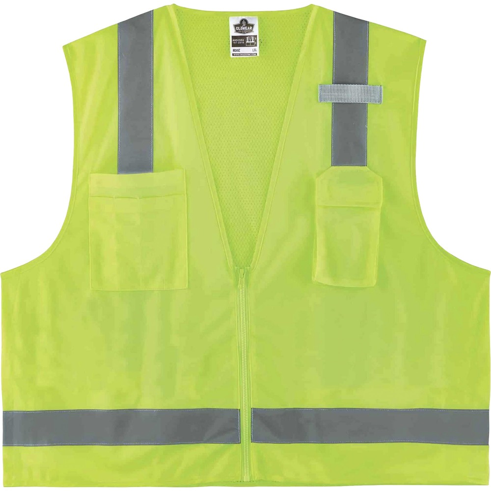 EGO24029 - Hi-Vis Surveyors Vest is a Type R, Class 2 economy vest with a polyester solid front (3.6 oz) and breathable, polyester mesh back (3.3 oz). It meets ANSI/ISEA 107-2020 visibility requirements. 2" reflective tape delivers enhanced, low-light visibility. With two interior and two exterior pockets, this vest provides ample storage for pens, notebooks, tablets and more. Store your phone in the vest's handy, designated phone pocket. Single mic tab allows convenient radio access. Zipper closure provides quick on/off movements. Vest comes in dual sizing to accommodate different fits and bulky clothing. Reflective safety vest is ideal for anyone requiring Type R, Class 2 apparel, including road construction, baggage handling and municipalities.