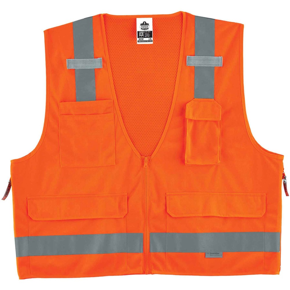 EGO21413 - 8250Z Hi-Vis Surveyors Vest is made with a polyester solid front (3.6 oz) and breathable polyester mesh back (3.3 oz). Vest features 2" 3M Scotchlite reflective tape for enhanced, low-light visibility. With two interior and four exterior pockets, vest provides ample storage for pens, notebooks, tablets and more. Stow your phone in the vest's handy, designated phone pocket. Securely store important documents or a tablet in the zippered back pocket. Dual mic tabs provide convenient radio access. Zipper closure provides quick on/off movements. Vest comes in dual sizing to accommodate different fits and bulky clothing. Reflective safety vest is ideal for anyone requiring Type R, Class 2 apparel, including road construction, baggage handling and municipalities.