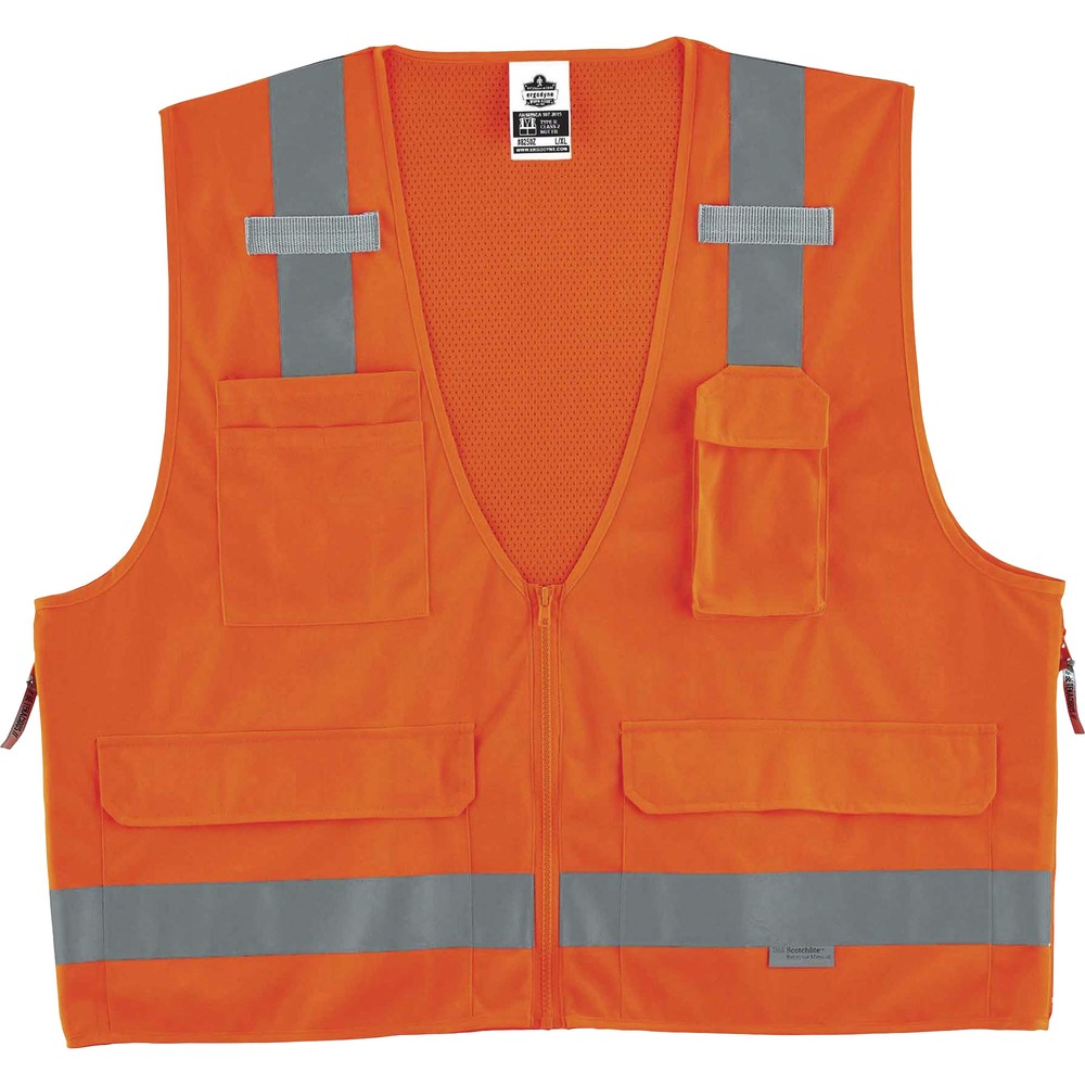 EGO21417 - 8250Z Hi-Vis Surveyors Vest is made with a polyester solid front (3.6 oz) and breathable polyester mesh back (3.3 oz). Vest features 2" 3M Scotchlite reflective tape for enhanced, low-light visibility. With two interior and four exterior pockets, vest provides ample storage for pens, notebooks, tablets and more. Stow your phone in the vest's handy, designated phone pocket. Securely store important documents or a tablet in the zippered back pocket. Dual mic tabs provide convenient radio access. Zipper closure provides quick on/off movements. Vest comes in dual sizing to accommodate different fits and bulky clothing. Reflective safety vest is ideal for anyone requiring Type R, Class 2 apparel, including road construction, baggage handling and municipalities.