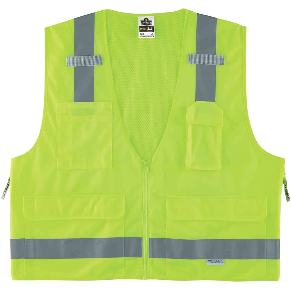 EGO21429 - 8250Z Hi-Vis Surveyors Vest is made with a polyester solid front (3.6 oz) and breathable polyester mesh back (3.3 oz). Vest features 2" 3M Scotchlite reflective tape for enhanced, low-light visibility. With two interior and four exterior pockets, vest provides ample storage for pens, notebooks, tablets and more. Stow your phone in the vest's handy, designated phone pocket. Securely store important documents or a tablet in the zippered back pocket. Dual mic tabs provide convenient radio access. Zipper closure provides quick on/off movements. Vest comes in dual sizing to accommodate different fits and bulky clothing. Reflective safety vest is ideal for anyone requiring Type R, Class 2 apparel, including road construction, baggage handling and municipalities.