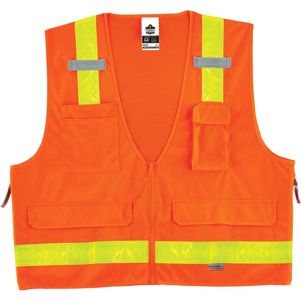 EGO21437 - 8250HZG Hi-Gloss Surveyors Vest is made with a polyester solid front (3.6 oz) and breathable, polyester mesh back (3.3 oz). Vest features 2" 3M Oralite Combined Performance Reflective Tape with a glossy finish for enhanced, low-light visibility. With two interior and four exterior pockets, vest provides ample storage for pens, notebooks, tablets and more. Stow your phone in the vest's handy, designated phone pocket. Securely store important documents or a tablet in the zippered back pocket. Dual mic tabs provide convenient radio access. Zipper closure provides quick on/off movements. It comes in dual sizing to accommodate different fits and bulky clothing. Reflective safety vest is ideal for anyone requiring Type R, Class 2 apparel, including road construction, baggage handling and municipalities.