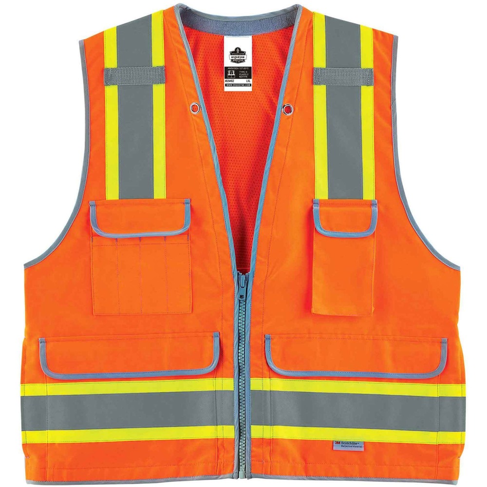 EGO21457 - Made with a polyester solid front (5.3 oz) and a mesh back (4.1 oz) with internal webbing, the 8254HDZ Heavy-Duty Surveyors Vest provides high visibility in poor light conditions. It features 2" 3M Scotchlite reflective tape for enhanced low-light visibility that is surrounded by fluorescent yellow for a total of 3-1/2" contrasting sections. With four outside pockets, vest has ample storage for notebooks, tablets and more. Stow your phone in the vest's handy, designated phone pocket. Securely store important documents or a tablet in the zippered back pocket. Attach other work necessities to the lanyard grommet holes made with supportive, structured webbing. Dual mic tabs provide convenient radio access. Heavy-duty, No. 10 zipper enhances security and quick on/off movements. Vest comes in dual sizing to accommodate different fits and bulky clothing. Comfortably wear this vest thanks to the soft, terry cloth neck. It is ideal for anyone requiring Type R, Class 2 apparel.