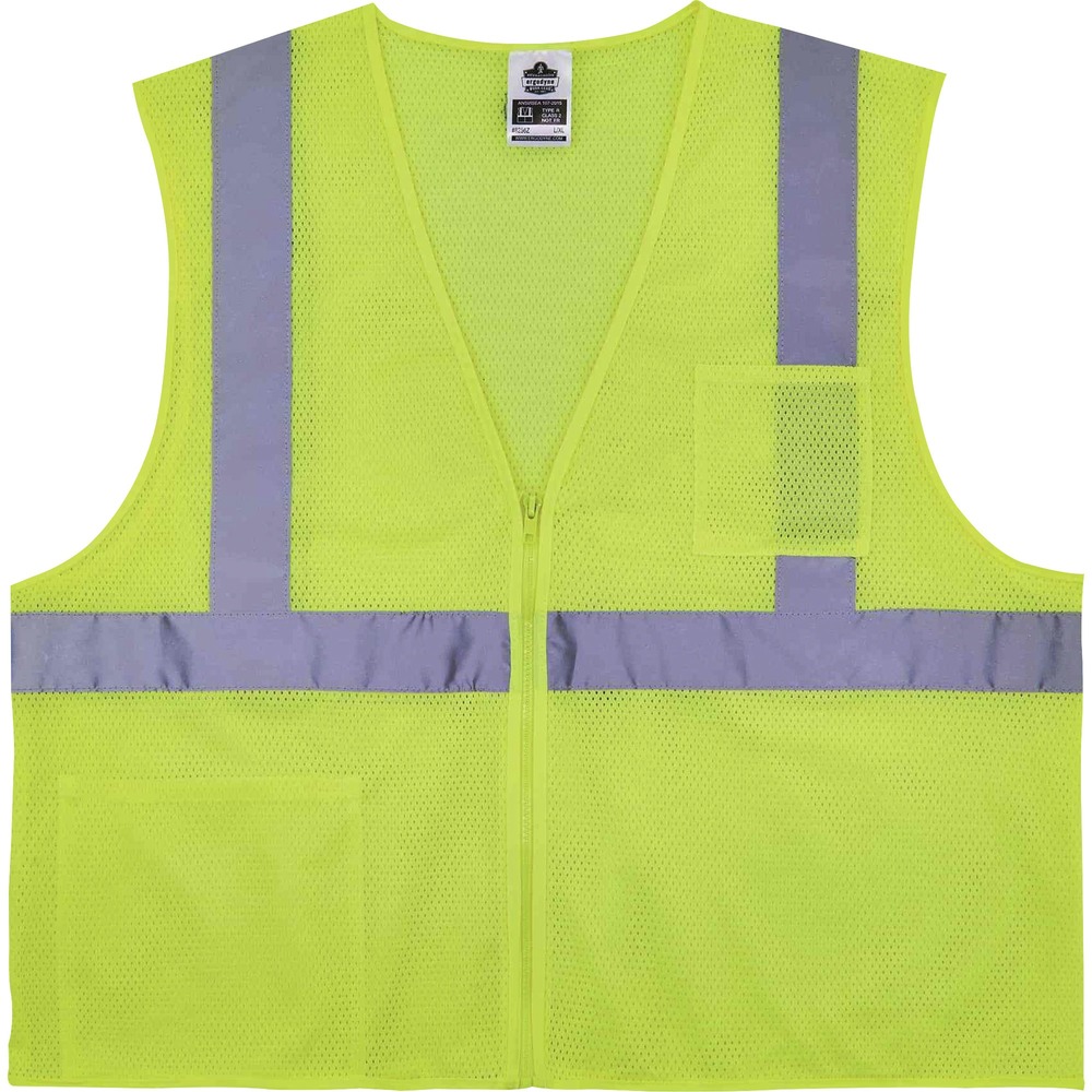 EGO21573 - Made of durable, treated polyester mesh, this Type R, Class 2 8256Z Self-Extinguishing Hi-Vis Safety Vest prevents after-flame and provides maximum visibility in poor light conditions. Its 2" wide reflective tape adds another level of visibility and protection. Designed with a treated, 100 percent polyester material to meet ANSI/ISEA standards and self-extinguish (defined by ASTM D6413) in less than 2 seconds and have less than 6" (15 cm) of char length. Do not wear this vest for fire-resistance or to avoid arc flash hazards as it does not meet the ANSI/ISEA 107 standard. Zipper closure provides quick, on/off movements. Two open-top pockets (one inside, one outside) hold work items. Wear this vest for jobsites requiring high-visibility safety apparel with minimal flame-retardant qualities such as welding. Machine-wash vest up to 25 times without deteriorating the self-extinguishing feature.