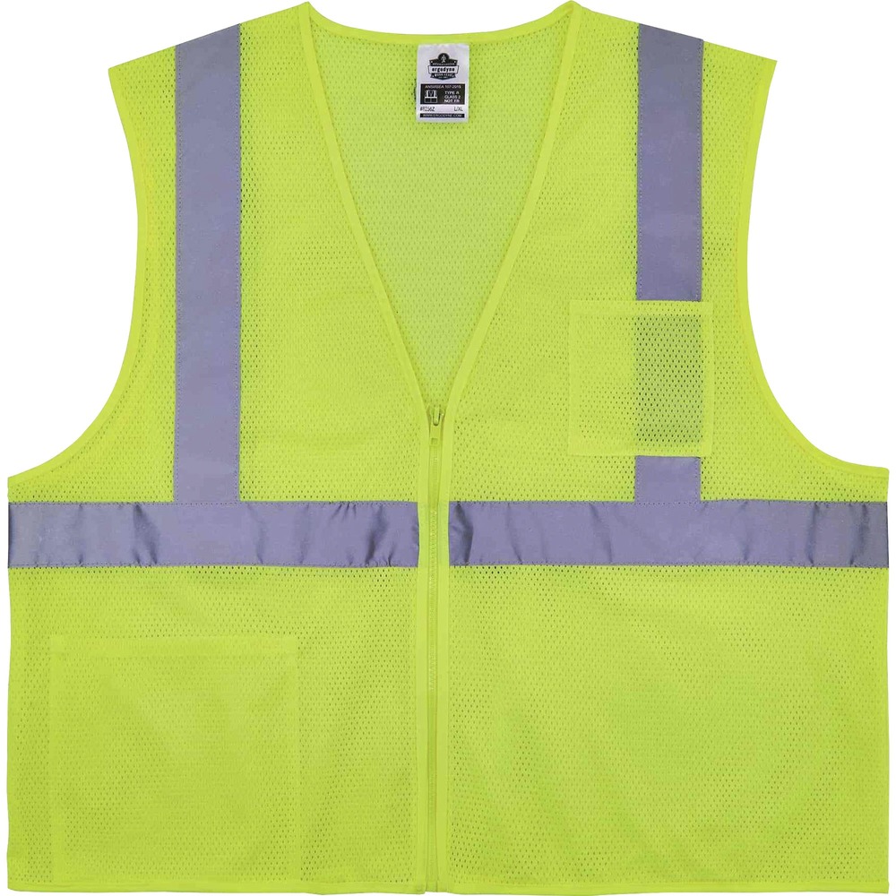 EGO21579 - Made of durable, treated polyester mesh, this Type R, Class 2 8256Z Self-Extinguishing Hi-Vis Safety Vest prevents after-flame and provides maximum visibility in poor light conditions. Its 2" wide reflective tape adds another level of visibility and protection. Designed with a treated, 100 percent polyester material to meet ANSI/ISEA standards and self-extinguish (defined by ASTM D6413) in less than 2 seconds and have less than 6" (15 cm) of char length. Do not wear this vest for fire-resistance or to avoid arc flash hazards as it does not meet the ANSI/ISEA 107 standard. Zipper closure provides quick, on/off movements. Two open-top pockets (one inside, one outside) hold work items. Wear this vest for jobsites requiring high-visibility safety apparel with minimal flame-retardant qualities such as welding. Machine-wash vest up to 25 times without deteriorating the self-extinguishing feature.