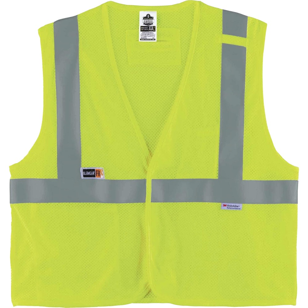 EGO21493 - 8260FRHL Hi-Vis FR Safety Vest is a Type R, Class 2 vest compliant to ASTM F1506 for flame-resistance. Designed to wear as part of a complete, fire-resistant garment system, this ANSI-compliant, mesh, work vest is tested and certified to a protection level of ATPV 4.6 cal/cm2. Breathable, GlenGuard FR fabric has a modacrylic mesh body (5.6 oz) and binding. Reflective vest is a Type R, Class 2 garment and features 2" 3M Scotchlite FR Reflective Tape for heightened visibility in low-light environments. Interior pocket holds a phone or badge. Design also features a dual pen pocket and flame-resistant, radio mic tab for convenient communication. Flame-resistant, hook-and-loop front closure and D-ring are on the back for easy on/off access. Vest is ideal for petrochemical, electrical, oil and gas and refinery work.