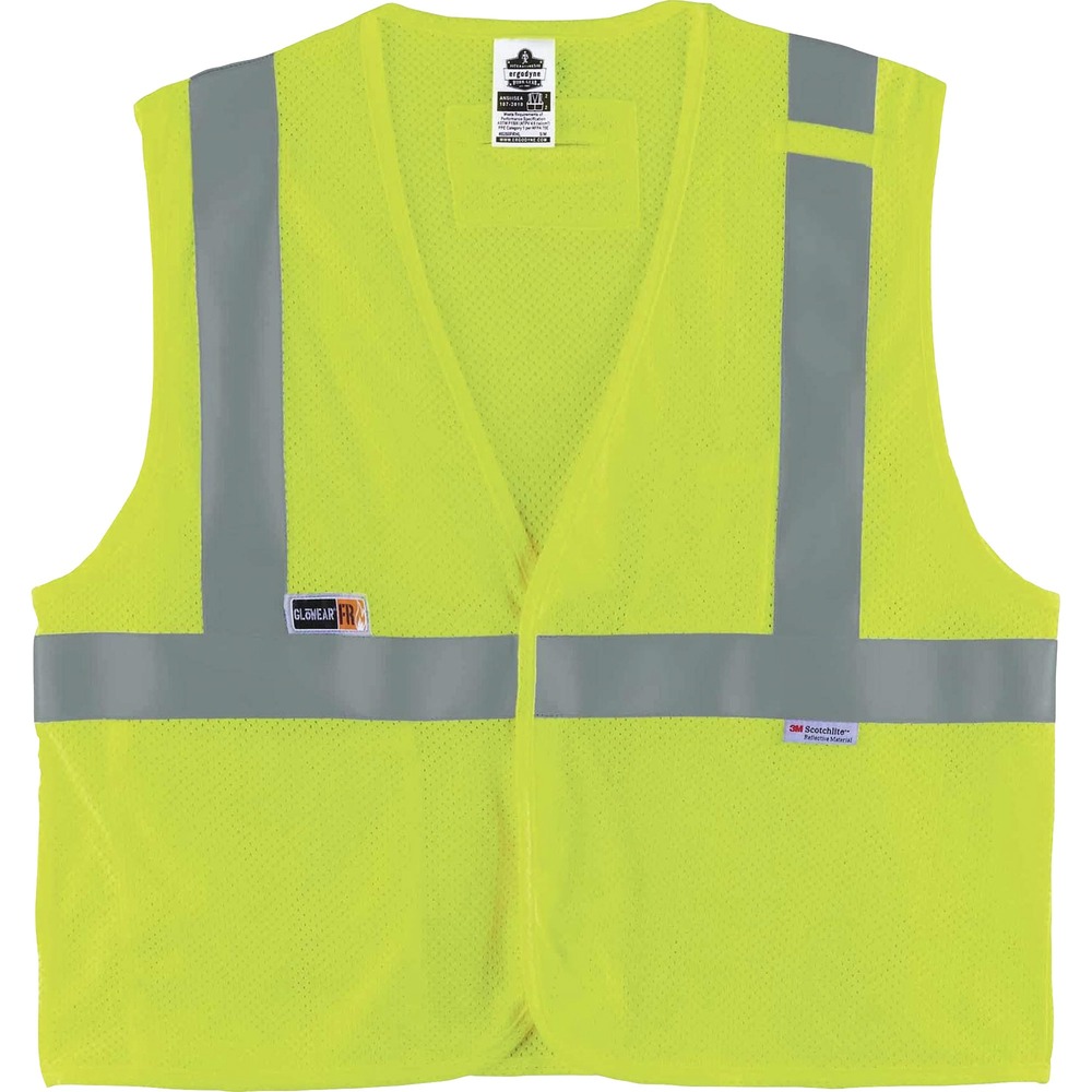 EGO21495 - 8260FRHL Hi-Vis FR Safety Vest is a Type R, Class 2 vest compliant to ASTM F1506 for flame-resistance. Designed to wear as part of a complete, fire-resistant garment system, this ANSI-compliant, mesh, work vest is tested and certified to a protection level of ATPV 4.6 cal/cm2. Breathable, GlenGuard FR fabric has a modacrylic mesh body (5.6 oz) and binding. Reflective vest is a Type R, Class 2 garment and features 2" 3M Scotchlite FR Reflective Tape for heightened visibility in low-light environments. Interior pocket holds a phone or badge. Design also features a dual pen pocket and flame-resistant, radio mic tab for convenient communication. Flame-resistant, hook-and-loop front closure and D-ring are on the back for easy on/off access. Vest is ideal for petrochemical, electrical, oil and gas and refinery work.