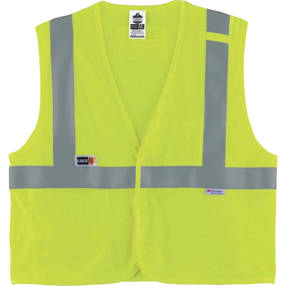 EGO21497 - 8260FRHL Hi-Vis FR Safety Vest is a Type R, Class 2 vest compliant to ASTM F1506 for flame-resistance. Designed to wear as part of a complete, fire-resistant garment system, this ANSI-compliant, mesh, work vest is tested and certified to a protection level of ATPV 4.6 cal/cm2. Breathable, GlenGuard FR fabric has a modacrylic mesh body (5.6 oz) and binding. Reflective vest is a Type R, Class 2 garment and features 2" 3M Scotchlite FR Reflective Tape for heightened visibility in low-light environments. Interior pocket holds a phone or badge. Design also features a dual pen pocket and flame-resistant, radio mic tab for convenient communication. Flame-resistant, hook-and-loop front closure and D-ring are on the back for easy on/off access. Vest is ideal for petrochemical, electrical, oil and gas and refinery work.
