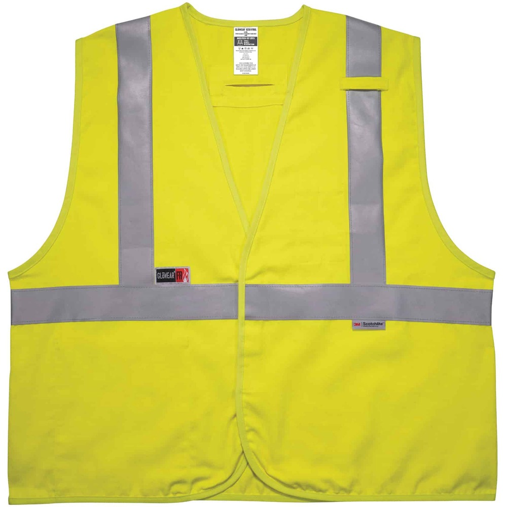 EGO21463 - 8261FRHL Hi-Vis FR Safety Vest is dual FR-compliant to NFPA 2112 and NFPA 70E for protection against flash fire and arc flash hazards. Designed to wear as part of a complete flame-resistant garment system, this vest is tested and certified to a protection level of ATPV 6.6 cal/cm2. Vest is made with breathable, moisture-wicking, Westex fabric and ANSI-compliant (5.5 oz), advanced material for full protection from flash fire and arc flash. Reflective vest is a Type R, Class 2 garment and features 2" 3M Scotchlite FR reflective tape for heightened visibility in low-light environments. Interior pocket holds a phone or badge. Design also features a dual pen pocket and flame-resistant, radio mic tab for convenient communication. Flame-resistant, hook-and-loop front closure and D-ring are on the back for easy on/off access. Vest is ideal for petrochemical, electrical, oil and gas and refinery work.