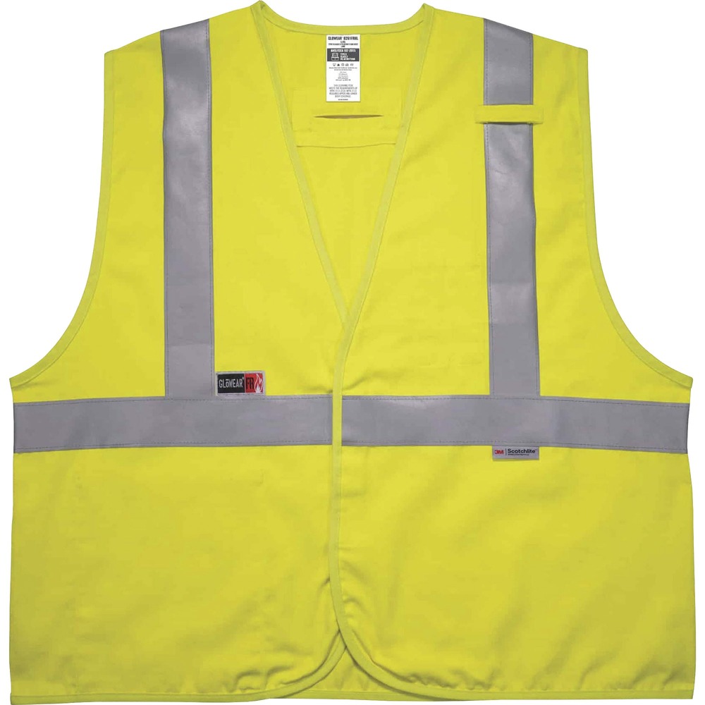 EGO21469 - 8261FRHL Hi-Vis FR Safety Vest is dual FR-compliant to NFPA 2112 and NFPA 70E for protection against flash fire and arc flash hazards. Designed to wear as part of a complete flame-resistant garment system, this vest is tested and certified to a protection level of ATPV 6.6 cal/cm2. Vest is made with breathable, moisture-wicking, Westex fabric and ANSI-compliant (5.5 oz), advanced material for full protection from flash fire and arc flash. Reflective vest is a Type R, Class 2 garment and features 2" 3M Scotchlite FR reflective tape for heightened visibility in low-light environments. Interior pocket holds a phone or badge. Design also features a dual pen pocket and flame-resistant, radio mic tab for convenient communication. Flame-resistant, hook-and-loop front closure and D-ring are on the back for easy on/off access. Vest is ideal for petrochemical, electrical, oil and gas and refinery work.
