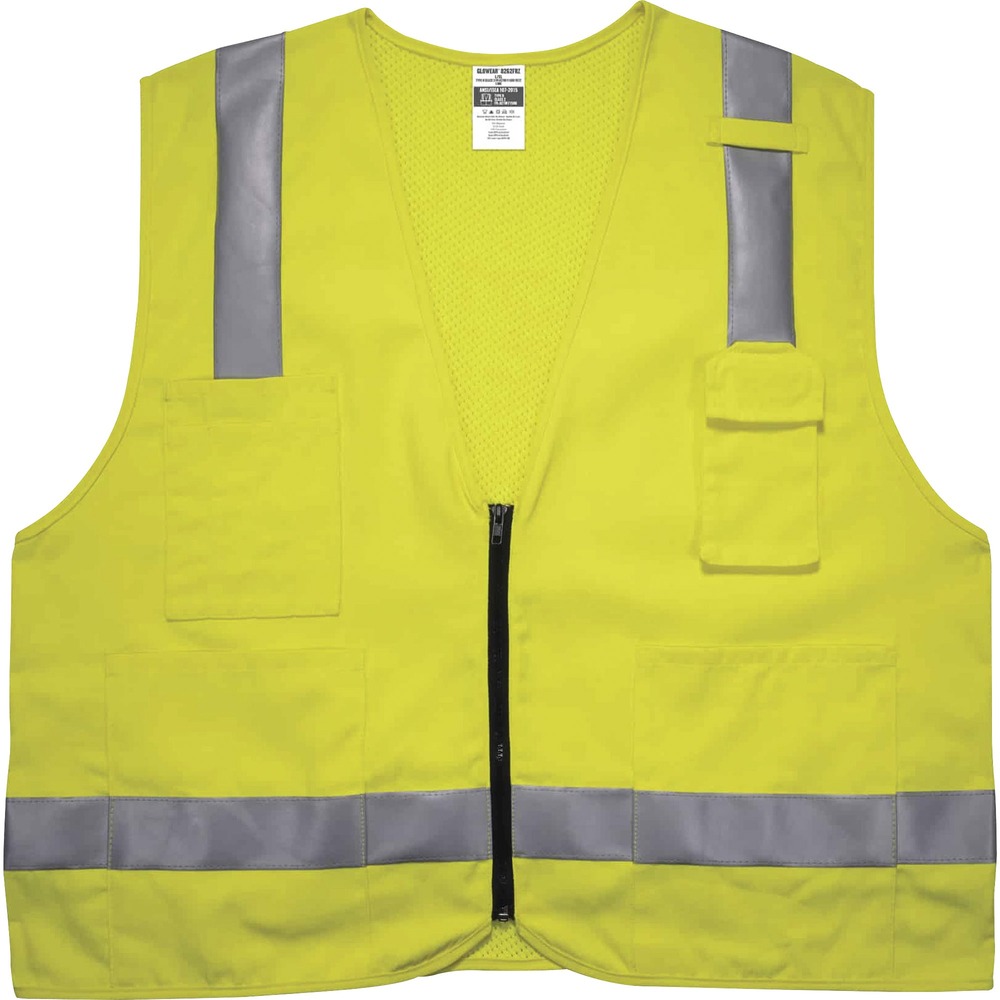 EGO21483 - 8262FRZ Hi-Vis FR Safety Vest is compliant to NFPA 70E for protection against arc flash hazards. Combination of solid front and mesh creates uniqueness in storage and breathability. Designed to wear as part of a complete flame-resistant garment system, this vest is certified at a protection level of ATPV 6.6 cal/cm2 (front) and ATPV 4.6 cal/cm2 (back). Solid front of moisture-wicking, ANSI-compliant Westex material (5.5 oz) protect against arc flash. Modacrylic mesh back (5.6 oz) provides cooling airflow. Vest also features 2" 3M Scotchlite reflective tape for heightened visibility at night or in low-light environments. Store tools in the four outside pockets: two open-flap pockets, one phone pocket and a dual-layer pen pocket. Mic tab holds radios for hands-free communication. Zipper closure provides quick, on/off movements. High-visibility vest is ideal for electrical, petrochemical, oil and gas and refinery work.