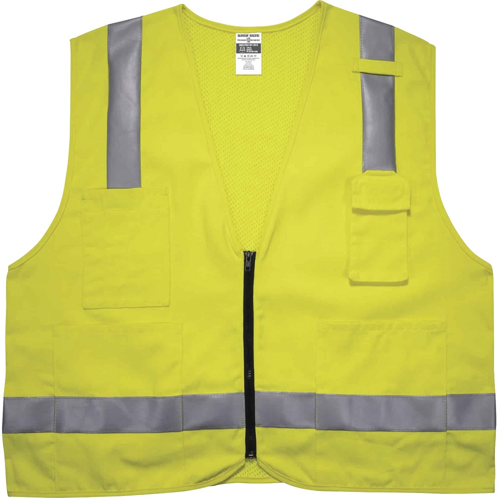 EGO21487 - 8262FRZ Hi-Vis FR Safety Vest is compliant to NFPA 70E for protection against arc flash hazards. Combination of solid front and mesh creates uniqueness in storage and breathability. Designed to wear as part of a complete flame-resistant garment system, this vest is certified at a protection level of ATPV 6.6 cal/cm2 (front) and ATPV 4.6 cal/cm2 (back). Solid front of moisture-wicking, ANSI-compliant Westex material (5.5 oz) protect against arc flash. Modacrylic mesh back (5.6 oz) provides cooling airflow. Vest also features 2" 3M Scotchlite reflective tape for heightened visibility at night or in low-light environments. Store tools in the four outside pockets: two open-flap pockets, one phone pocket and a dual-layer pen pocket. Mic tab holds radios for hands-free communication. Zipper closure provides quick, on/off movements. High-visibility vest is ideal for electrical, petrochemical, oil and gas and refinery work.