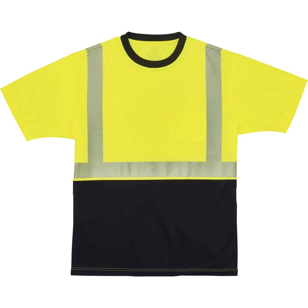EGO22539 - Made from ANSI-complaint, breathable, bird's eye fabric (4.1 oz), this 8280BK Hi-Vis Performance T-Shirt protects workers in low-light conditions. Its 2" 3M Scotchlite Comfort Trim adds an extra layer of protection by reflecting light in poor visibility. Black panels on front and collar hide dirt, creating a clean, professional look. Store small items for easy access in the outside chest pocket. Stay cool and dry with moisture-wicking treatment that absorbs sweat for all-day comfort. Underarm vents create airflow for a more breathable fit. Avoid sun damage with the 30 plus UPF protection element. T-shirt is Type R, Class 2-approved for high visibility.