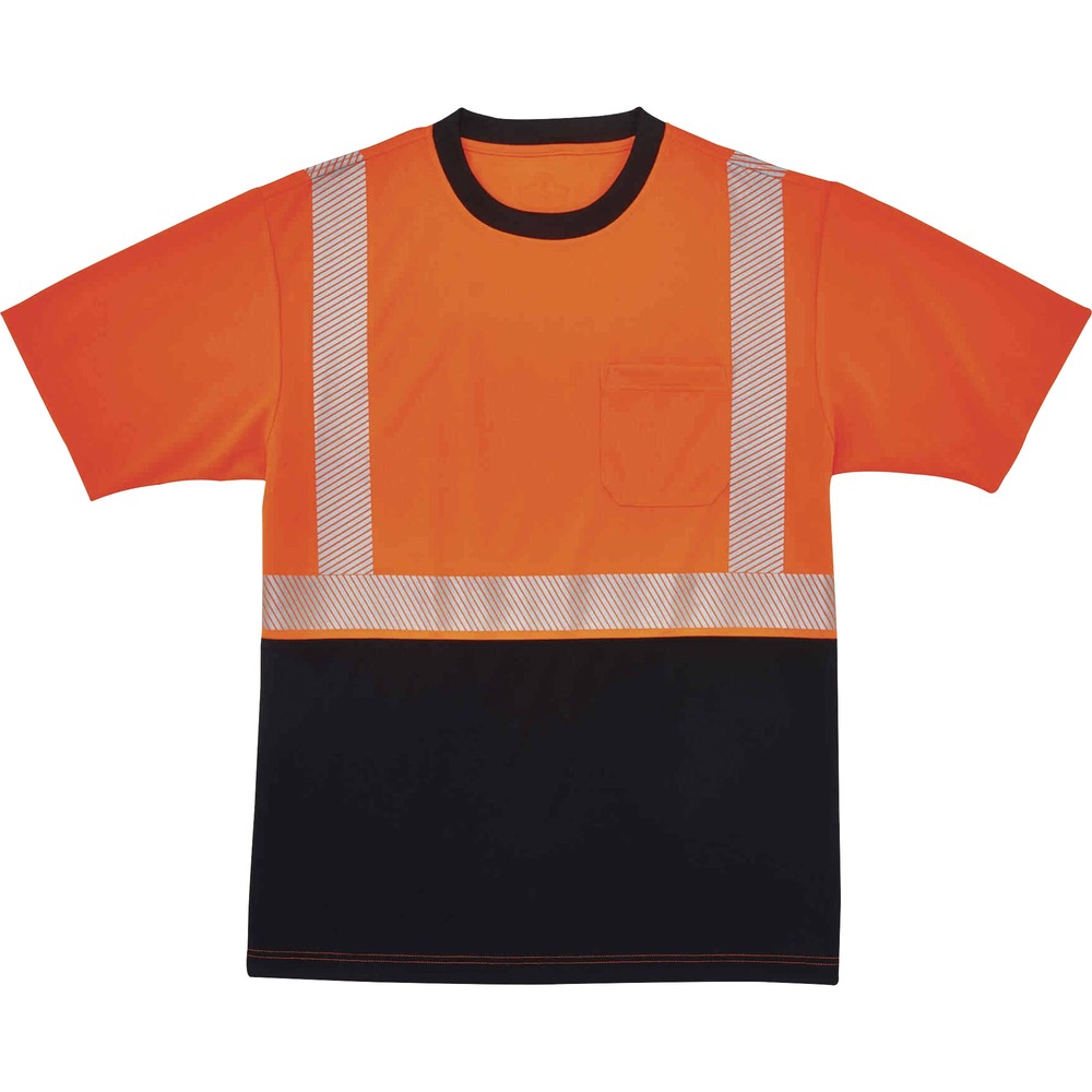 EGO22582 - Made from ANSI-complaint, breathable, bird's eye fabric (4.1 oz), this 8280BK Hi-Vis Performance T-Shirt protects workers in low-light conditions. Its 2" 3M Scotchlite Comfort Trim adds an extra layer of protection by reflecting light in poor visibility. Black panels on front and collar hide dirt, creating a clean, professional look. Store small items for easy access in the outside chest pocket. Stay cool and dry with moisture-wicking treatment that absorbs sweat for all-day comfort. Underarm vents create airflow for a more breathable fit. Avoid sun damage with the 30 plus UPF protection element. T-shirt is Type R, Class 2-approved for high visibility.