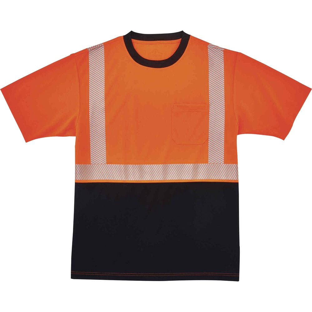 EGO22584 - Made from ANSI-complaint, breathable, bird's eye fabric (4.1 oz), this 8280BK Hi-Vis Performance T-Shirt protects workers in low-light conditions. Its 2" 3M Scotchlite Comfort Trim adds an extra layer of protection by reflecting light in poor visibility. Black panels on front and collar hide dirt, creating a clean, professional look. Store small items for easy access in the outside chest pocket. Stay cool and dry with moisture-wicking treatment that absorbs sweat for all-day comfort. Underarm vents create airflow for a more breathable fit. Avoid sun damage with the 30 plus UPF protection element. T-shirt is Type R, Class 2-approved for high visibility.