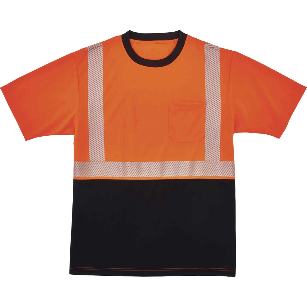 EGO22585 - Made from ANSI-complaint, breathable, bird's eye fabric (4.1 oz), this 8280BK Hi-Vis Performance T-Shirt protects workers in low-light conditions. Its 2" 3M Scotchlite Comfort Trim adds an extra layer of protection by reflecting light in poor visibility. Black panels on front and collar hide dirt, creating a clean, professional look. Store small items for easy access in the outside chest pocket. Stay cool and dry with moisture-wicking treatment that absorbs sweat for all-day comfort. Underarm vents create airflow for a more breathable fit. Avoid sun damage with the 30 plus UPF protection element. T-shirt is Type R, Class 2-approved for high visibility.