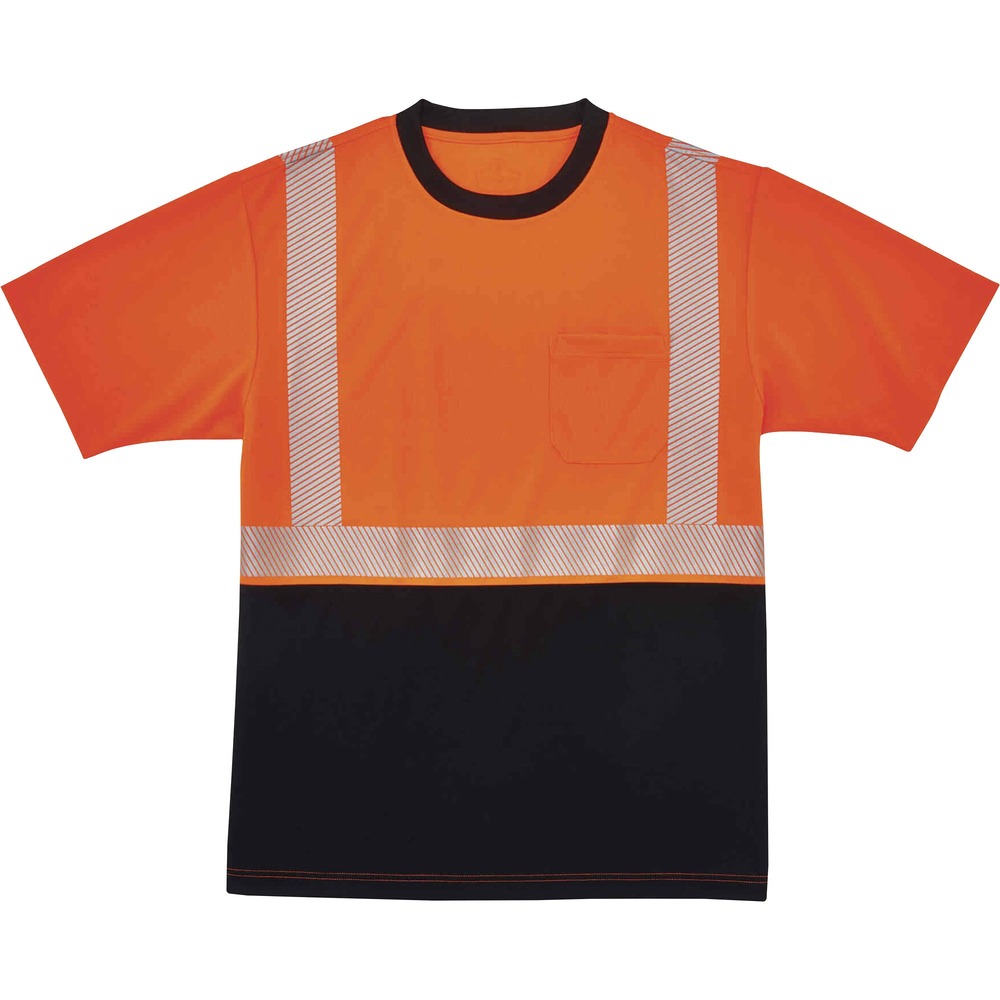 EGO22587 - Made from ANSI-complaint, breathable, bird's eye fabric (4.1 oz), this 8280BK Hi-Vis Performance T-Shirt protects workers in low-light conditions. Its 2" 3M Scotchlite Comfort Trim adds an extra layer of protection by reflecting light in poor visibility. Black panels on front and collar hide dirt, creating a clean, professional look. Store small items for easy access in the outside chest pocket. Stay cool and dry with moisture-wicking treatment that absorbs sweat for all-day comfort. Underarm vents create airflow for a more breathable fit. Avoid sun damage with the 30 plus UPF protection element. T-shirt is Type R, Class 2-approved for high visibility.