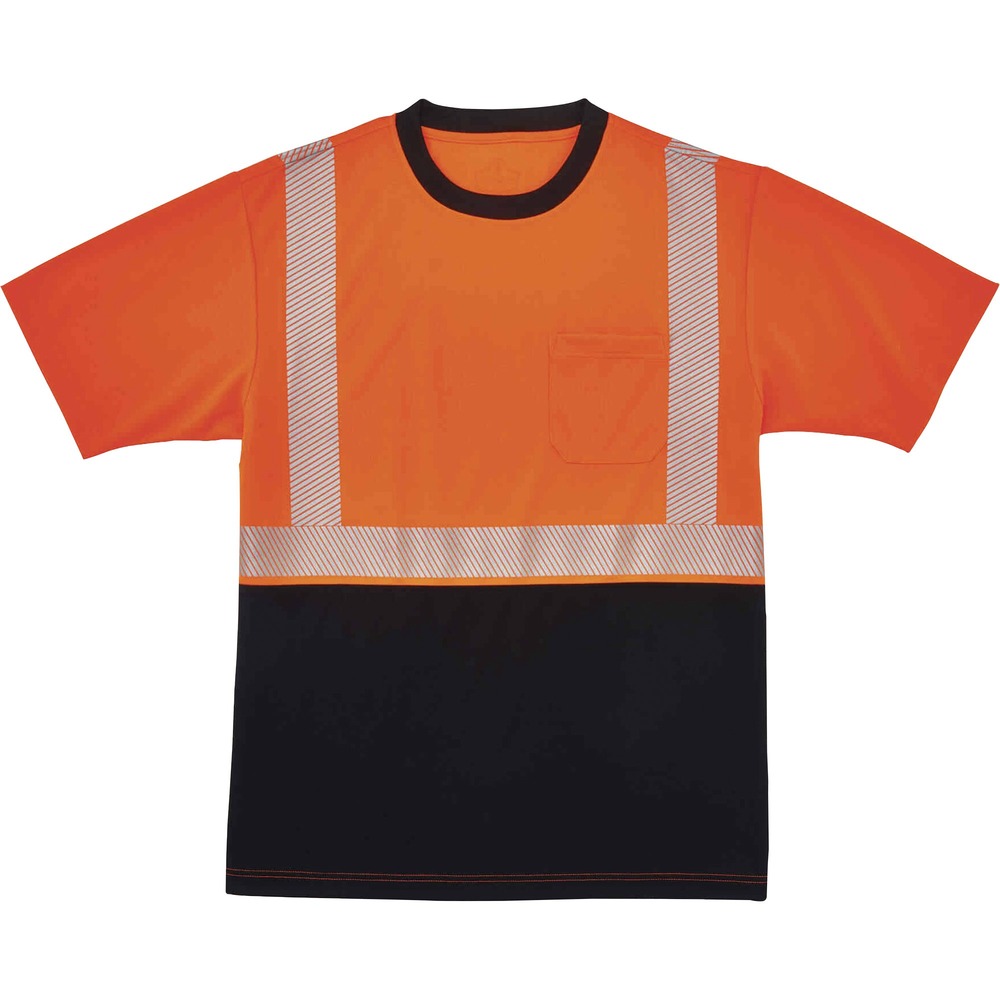 EGO22588 - Made from ANSI-complaint, breathable, bird's eye fabric (4.1 oz), this 8280BK Hi-Vis Performance T-Shirt protects workers in low-light conditions. Its 2" 3M Scotchlite Comfort Trim adds an extra layer of protection by reflecting light in poor visibility. Black panels on front and collar hide dirt, creating a clean, professional look. Store small items for easy access in the outside chest pocket. Stay cool and dry with moisture-wicking treatment that absorbs sweat for all-day comfort. Underarm vents create airflow for a more breathable fit. Avoid sun damage with the 30 plus UPF protection element. T-shirt is Type R, Class 2-approved for high visibility.