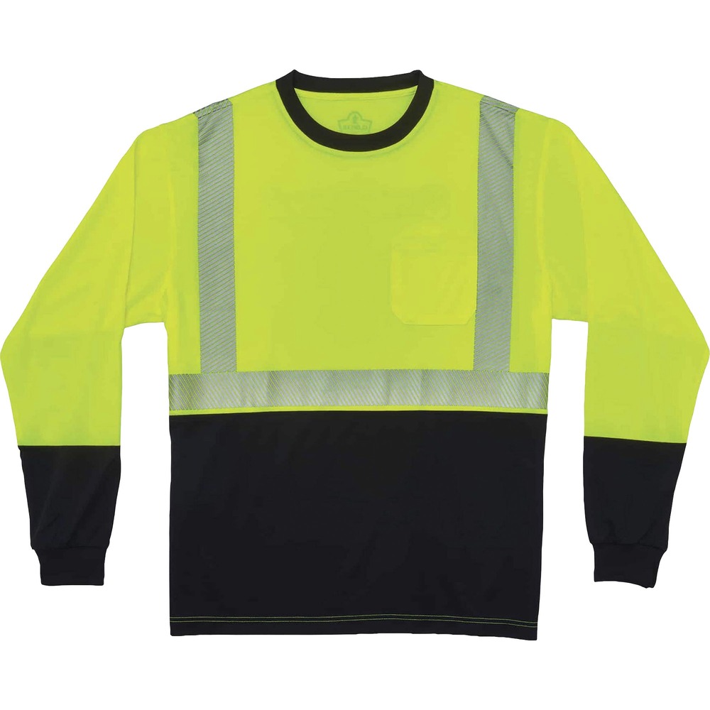 EGO22636 - Made from ANSI-complaint, breathable, bird's eye fabric (4.1 oz), this 8281BK Hi-Vis Performance Long Sleeve T-Shirt protects workers in low-light conditions. Its 2" 3M Scotchlite Comfort Trim adds an extra layer of protection by reflecting light in poor visibility. Black panels on front, collar and sleeves hide dirt, creating a clean, professional look. Store small items for quick, convenient access in the outside chest pocket. Stay cool and dry with moisture-wicking treatment that absorbs sweat for all-day comfort. Underarm vents create airflow for a more breathable fit. Avoid harmful UV rays and sun damage with the 30 plus UPF protection element. T-shirt is Type R, Class 2-approved for high visibility. Arms stay fully covered and protected in long-sleeve style.