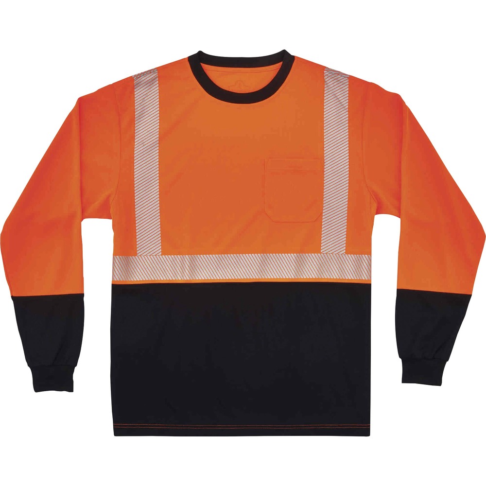 EGO22682 - Made from ANSI-complaint, breathable, bird's eye fabric (4.1 oz), this 8281BK Hi-Vis Performance Long Sleeve T-Shirt protects workers in low-light conditions. Its 2" 3M Scotchlite Comfort Trim adds an extra layer of protection by reflecting light in poor visibility. Black panels on front, collar and sleeves hide dirt, creating a clean, professional look. Store small items for quick, convenient access in the outside chest pocket. Stay cool and dry with moisture-wicking treatment that absorbs sweat for all-day comfort. Underarm vents create airflow for a more breathable fit. Avoid harmful UV rays and sun damage with the 30 plus UPF protection element. T-shirt is Type R, Class 2-approved for high visibility. Arms stay fully covered and protected in long-sleeve style.