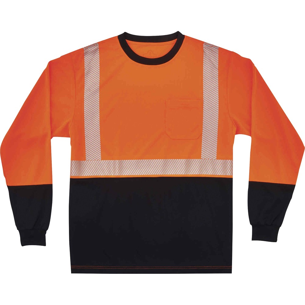 EGO22683 - Made from ANSI-complaint, breathable, bird's eye fabric (4.1 oz), this 8281BK Hi-Vis Performance Long Sleeve T-Shirt protects workers in low-light conditions. Its 2" 3M Scotchlite Comfort Trim adds an extra layer of protection by reflecting light in poor visibility. Black panels on front, collar and sleeves hide dirt, creating a clean, professional look. Store small items for quick, convenient access in the outside chest pocket. Stay cool and dry with moisture-wicking treatment that absorbs sweat for all-day comfort. Underarm vents create airflow for a more breathable fit. Avoid harmful UV rays and sun damage with the 30 plus UPF protection element. T-shirt is Type R, Class 2-approved for high visibility. Arms stay fully covered and protected in long-sleeve style.