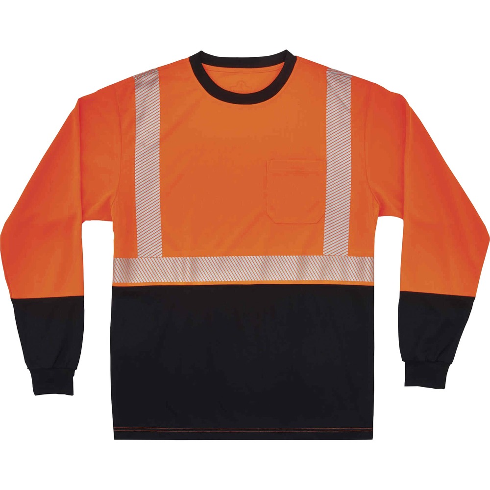 EGO22687 - Made from ANSI-complaint, breathable, bird's eye fabric (4.1 oz), this 8281BK Hi-Vis Performance Long Sleeve T-Shirt protects workers in low-light conditions. Its 2" 3M Scotchlite Comfort Trim adds an extra layer of protection by reflecting light in poor visibility. Black panels on front, collar and sleeves hide dirt, creating a clean, professional look. Store small items for quick, convenient access in the outside chest pocket. Stay cool and dry with moisture-wicking treatment that absorbs sweat for all-day comfort. Underarm vents create airflow for a more breathable fit. Avoid harmful UV rays and sun damage with the 30 plus UPF protection element. T-shirt is Type R, Class 2-approved for high visibility. Arms stay fully covered and protected in long-sleeve style.
