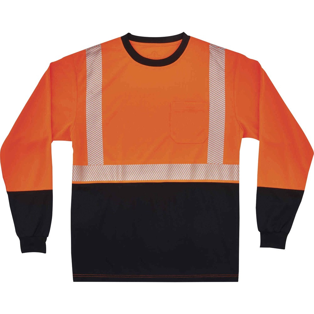 EGO22688 - Made from ANSI-complaint, breathable, bird's eye fabric (4.1 oz), this 8281BK Hi-Vis Performance Long Sleeve T-Shirt protects workers in low-light conditions. Its 2" 3M Scotchlite Comfort Trim adds an extra layer of protection by reflecting light in poor visibility. Black panels on front, collar and sleeves hide dirt, creating a clean, professional look. Store small items for quick, convenient access in the outside chest pocket. Stay cool and dry with moisture-wicking treatment that absorbs sweat for all-day comfort. Underarm vents create airflow for a more breathable fit. Avoid harmful UV rays and sun damage with the 30 plus UPF protection element. T-shirt is Type R, Class 2-approved for high visibility. Arms stay fully covered and protected in long-sleeve style.