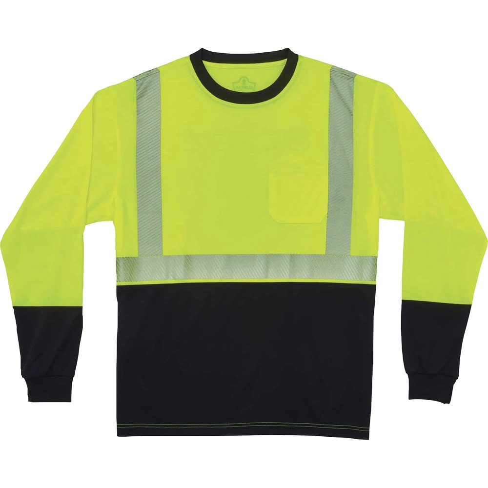 EGO22632 - Made from ANSI-complaint, breathable, bird's eye fabric (4.1 oz), this 8281BK Hi-Vis Performance Long Sleeve T-Shirt protects workers in low-light conditions. Its 2" 3M Scotchlite Comfort Trim adds an extra layer of protection by reflecting light in poor visibility. Black panels on front, collar and sleeves hide dirt, creating a clean, professional look. Store small items for quick, convenient access in the outside chest pocket. Stay cool and dry with moisture-wicking treatment that absorbs sweat for all-day comfort. Underarm vents create airflow for a more breathable fit. Avoid harmful UV rays and sun damage with the 30 plus UPF protection element. T-shirt is Type R, Class 2-approved for high visibility. Arms stay fully covered and protected in long-sleeve style.