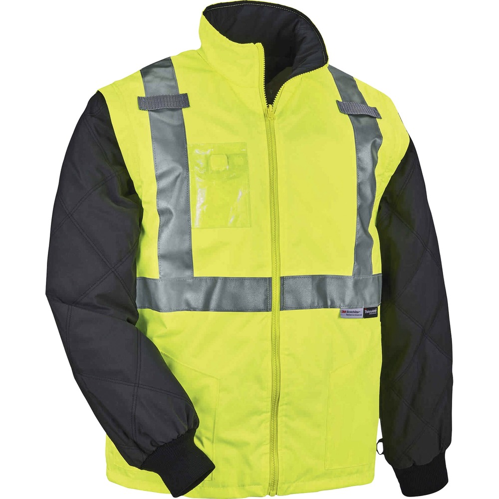 EGO25492 - This Type R, Class 2 8287 Hi-Vis Thermal Jacket with Removable Sleeves provides maximum visibility in low-light conditions. Its 2" 3M Scotchlite tape reflects light at night to protect workers. Wear this jacket in three different ways for ultimate adaptability: wear it on its own, remove the zip-off sleeves for a vest, or zip it into Ergodyne 8386 Outer Shell Hi-Vis Safety Vest (not included) to form a parka. Work jacket features a quilted body (100 g) and quilted sleeves (80 g) with Thinsulate that adds warmth without extra bulk. Weatherproof, 300D polyester outer shell resists wind and water while remaining breathable for warm, dry comfort on the job. Rib-knit cuffs seal out the cold by forming to your wrists. Two mic tabs for radios create convenient communication. Carry your ID badge in its holder on the right upper chest of the jacket. YKK No. 5 zippers on sleeves and front create quick, snag-free, on/off movements. Machine-wash jacket to wear the next day.