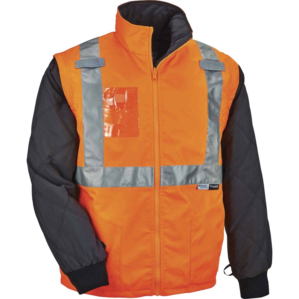 EGO25515 - This Type R, Class 2 8287 Hi-Vis Thermal Jacket with Removable Sleeves provides maximum visibility in low-light conditions. Its 2" 3M Scotchlite tape reflects light at night to protect workers. Wear this jacket in three different ways for ultimate adaptability: wear it on its own, remove the zip-off sleeves for a vest, or zip it into Ergodyne 8386 Outer Shell Hi-Vis Safety Vest (not included) to form a parka. Work jacket features a quilted body (100 g) and quilted sleeves (80 g) with Thinsulate that adds warmth without extra bulk. Weatherproof, 300D polyester outer shell resists wind and water while remaining breathable for warm, dry comfort on the job. Rib-knit cuffs seal out the cold by forming to your wrists. Two mic tabs for radios create convenient communication. Carry your ID badge in its holder on the right upper chest of the jacket. YKK No. 5 zippers on sleeves and front create quick, snag-free, on/off movements. Machine-wash jacket to wear the next day.