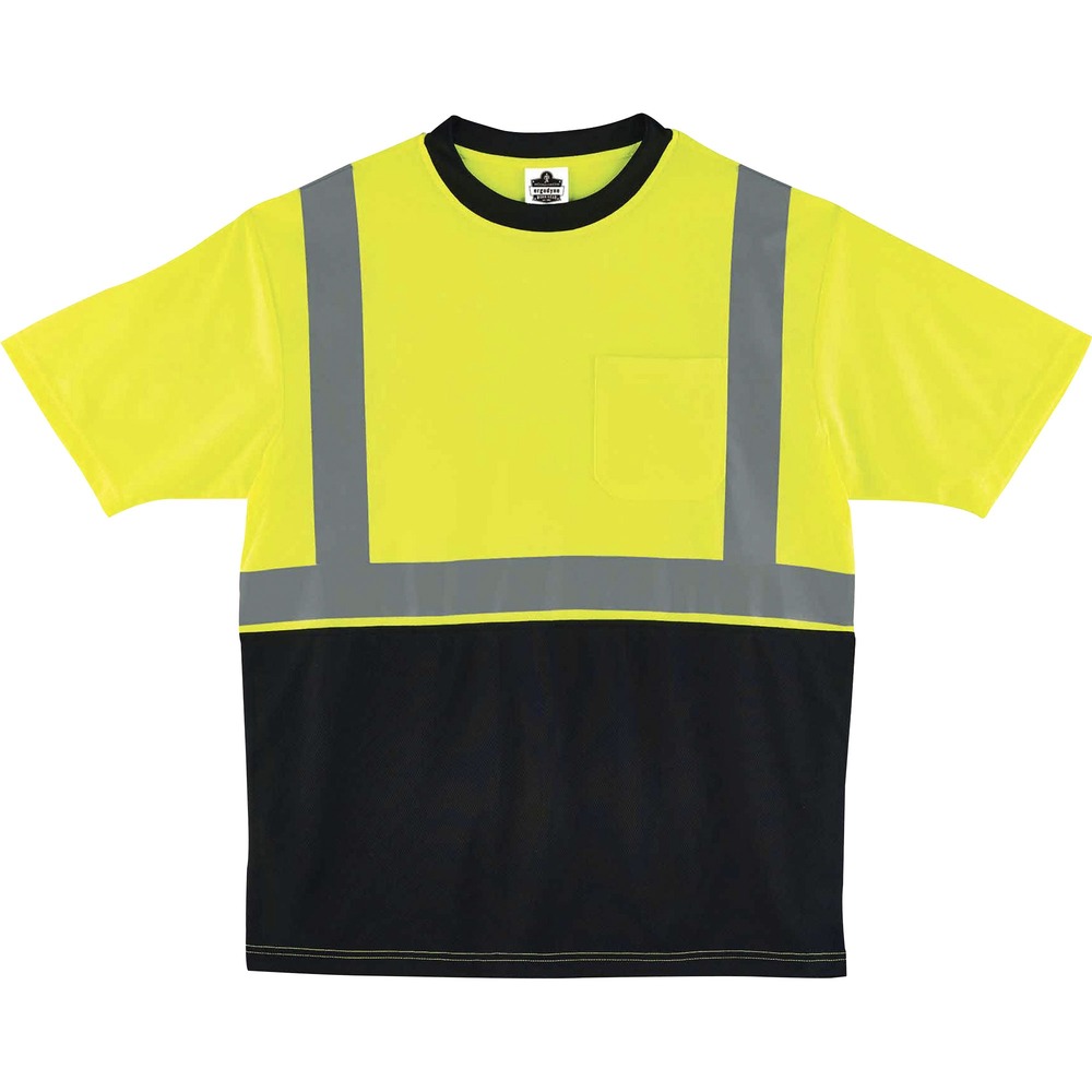 EGO22505 - Made from ANSI-complaint, breathable, bird's eye fabric (4.1 oz), this 8289BK Hi-Vis T-Shirt protects workers in low-light conditions. Its 2" 3M Scotchlite Comfort Trim adds an extra layer of protection by reflecting light in poor visibility. Black, front panel hides dirt, creating a clean, professional look. Store small items for quick, convenient access in the outside chest pocket. Stay cool and dry with moisture-wicking treatment that absorbs sweat for all-day comfort. Avoid sun damage with the 30 plus UPF protection element. T-shirt is Type R, Class 2-approved for high visibility.
