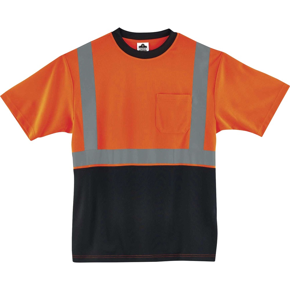 EGO22516 - Made from ANSI-complaint, breathable, bird's eye fabric (4.1 oz), this 8289BK Hi-Vis T-Shirt protects workers in low-light conditions. Its 2" 3M Scotchlite Comfort Trim adds an extra layer of protection by reflecting light in poor visibility. Black, front panel hides dirt, creating a clean, professional look. Store small items for quick, convenient access in the outside chest pocket. Stay cool and dry with moisture-wicking treatment that absorbs sweat for all-day comfort. Avoid sun damage with the 30 plus UPF protection element. T-shirt is Type R, Class 2-approved for high visibility.