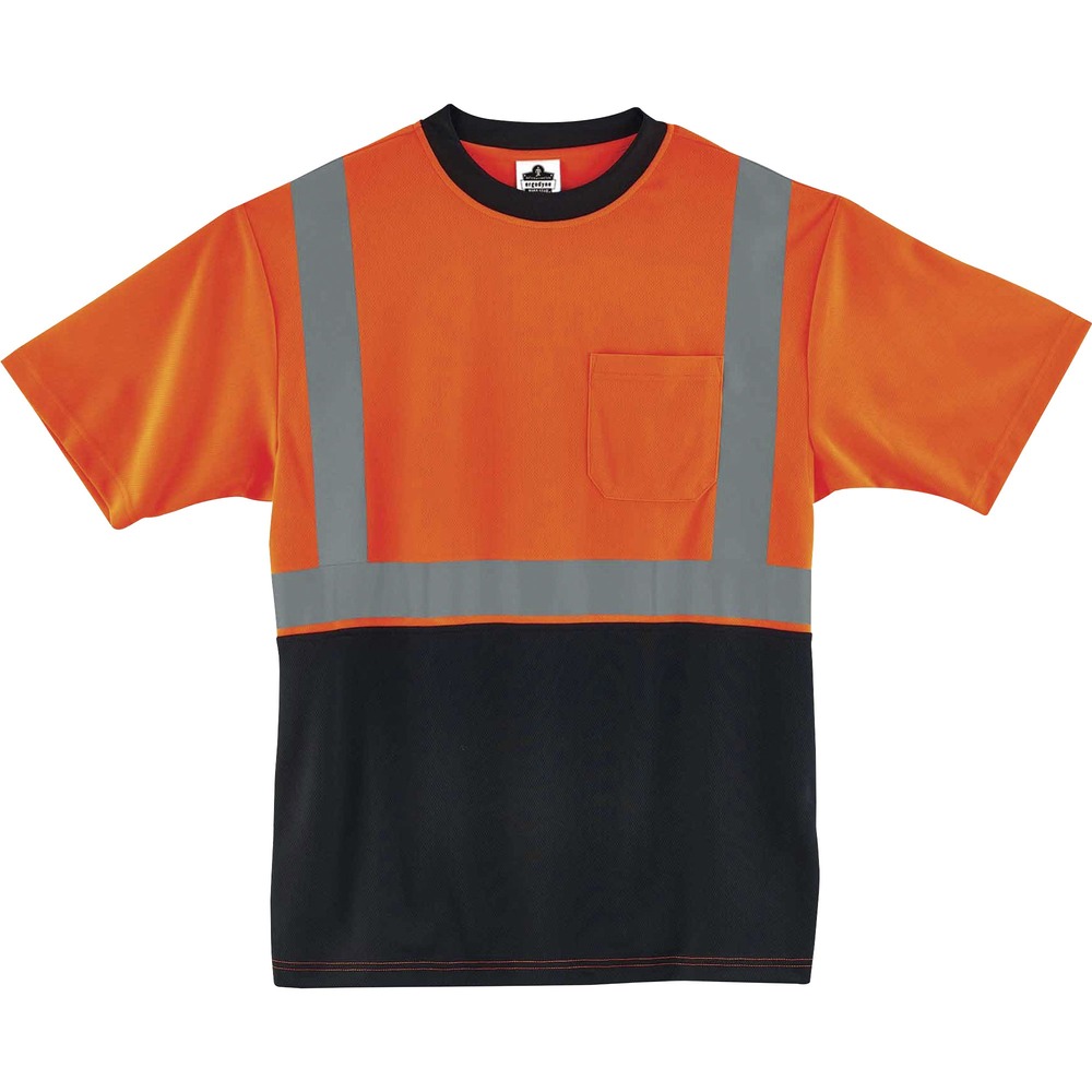 EGO22518 - Made from ANSI-complaint, breathable, bird's eye fabric (4.1 oz), this 8289BK Hi-Vis T-Shirt protects workers in low-light conditions. Its 2" 3M Scotchlite Comfort Trim adds an extra layer of protection by reflecting light in poor visibility. Black, front panel hides dirt, creating a clean, professional look. Store small items for quick, convenient access in the outside chest pocket. Stay cool and dry with moisture-wicking treatment that absorbs sweat for all-day comfort. Avoid sun damage with the 30 plus UPF protection element. T-shirt is Type R, Class 2-approved for high visibility.
