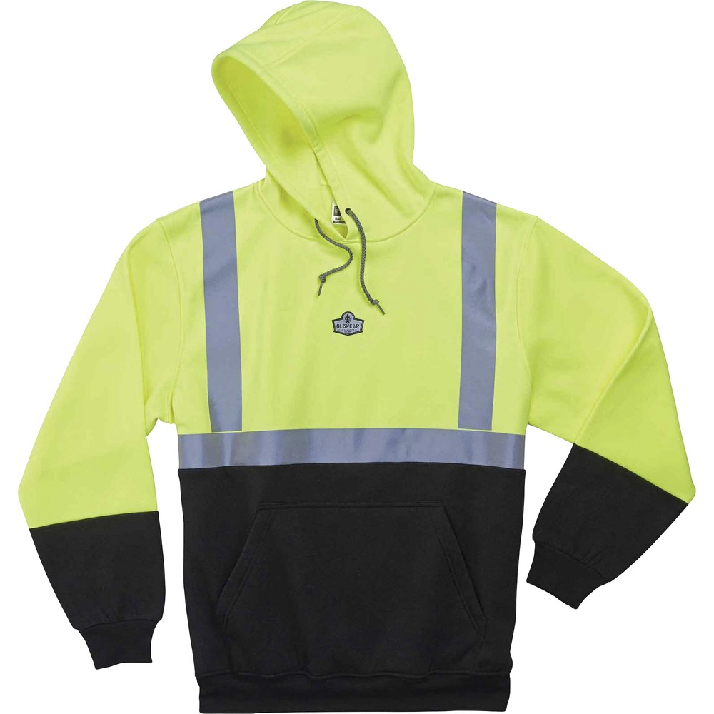 EGO21683 - Made from ANSI-complaint, polyester fleece (8 oz), this 8293 Hi-Vis Hooded Sweatshirt protects workers in low-light conditions. Its 2" 3M reflective tape adds an extra layer of protection by reflecting light in poor visibility. Sweatshirt is Type R, Class 2-approved for high visibility. Black panels on front and sleeves hide dirt, creating a clean, professional look. Store gear for easy access or keep your hands warm in the front pouch. Drawstring-style hood protects your face from the cold.