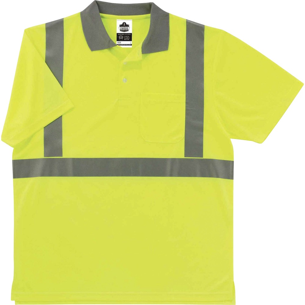 EGO21643 - Made from ANSI-complaint, breathable, bird's eye knit (4.1 oz), this 8295 Hi-Vis Polo Shirt protects workers in low-light conditions with the fluorescent color. Its 2" 3M Scotchlite Comfort Trim adds an extra layer of protection by reflecting light in poor visibility. Shirt is Type R, Class 2-approved for high visibility. Store small items for quick, convenient access in the outside chest pocket. Split-tail hem is longer in the back to tuck the shirt in your pants to prevent adjusting throughout the day. Hem also creates more room for different body types. Polo-style shirt creates a sharp, professional look while working rigorous jobs. Stay cool and dry with moisture-wicking treatment that absorbs sweat. Avoid harmful UV rays and sun damage with the 30 plus UPF protection element.