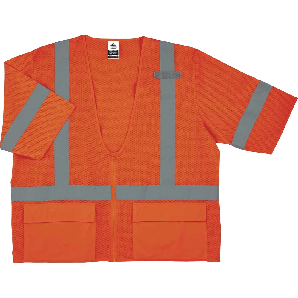 EGO22117 - Made with ANSI-compliant, polyester mesh (3.3 oz), this 8320Z Standard Hi-Vis Safety Vest protects workers in low-light conditions with the fluorescent color. Its 2" reflective tape enhances visibility at night by reflecting light. Vest is Type R, Class 3-approved for workers in high-traffic areas needing extra visibility. Zipper closure provides quick, on/off movement. Store tools in the easy-to-reach, open-flap outside pockets or in the secure inside pocket. This vest has a single radio mic tab that provides convenient communication. Dual sizing creates a comfortable fit with extra space and accommodates bulky layers.