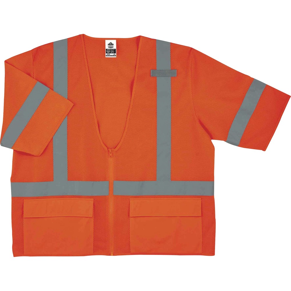 EGO22119 - Made with ANSI-compliant, polyester mesh (3.3 oz), this 8320Z Standard Hi-Vis Safety Vest protects workers in low-light conditions with the fluorescent color. Its 2" reflective tape enhances visibility at night by reflecting light. Vest is Type R, Class 3-approved for workers in high-traffic areas needing extra visibility. Zipper closure provides quick, on/off movement. Store tools in the easy-to-reach, open-flap outside pockets or in the secure inside pocket. This vest has a single radio mic tab that provides convenient communication. Dual sizing creates a comfortable fit with extra space and accommodates bulky layers.