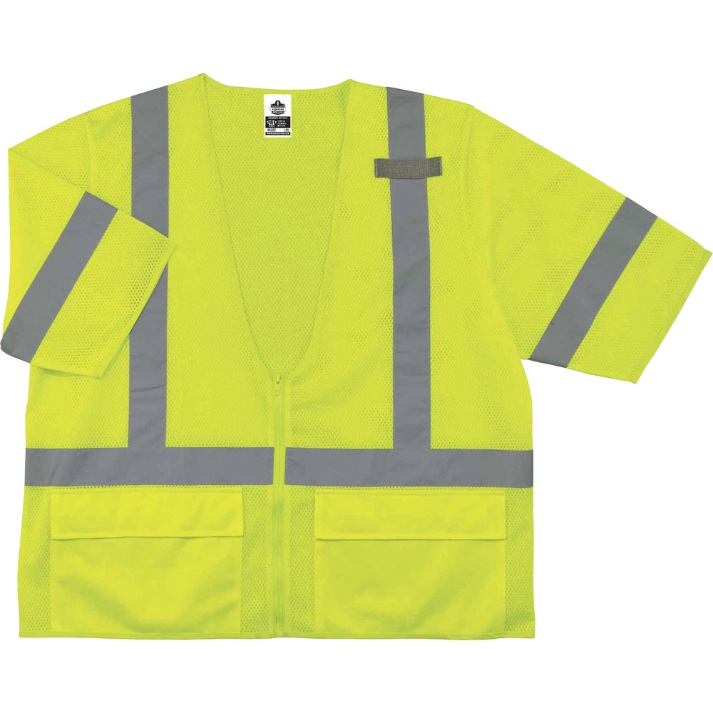 EGO22123 - Made with ANSI-compliant, polyester mesh (3.3 oz), this 8320Z Standard Hi-Vis Safety Vest protects workers in low-light conditions with the fluorescent color. Its 2" reflective tape enhances visibility at night by reflecting light. Vest is Type R, Class 3-approved for workers in high-traffic areas needing extra visibility. Zipper closure provides quick, on/off movement. Store tools in the easy-to-reach, open-flap outside pockets or in the secure inside pocket. This vest has a single radio mic tab that provides convenient communication. Dual sizing creates a comfortable fit with extra space and accommodates bulky layers.