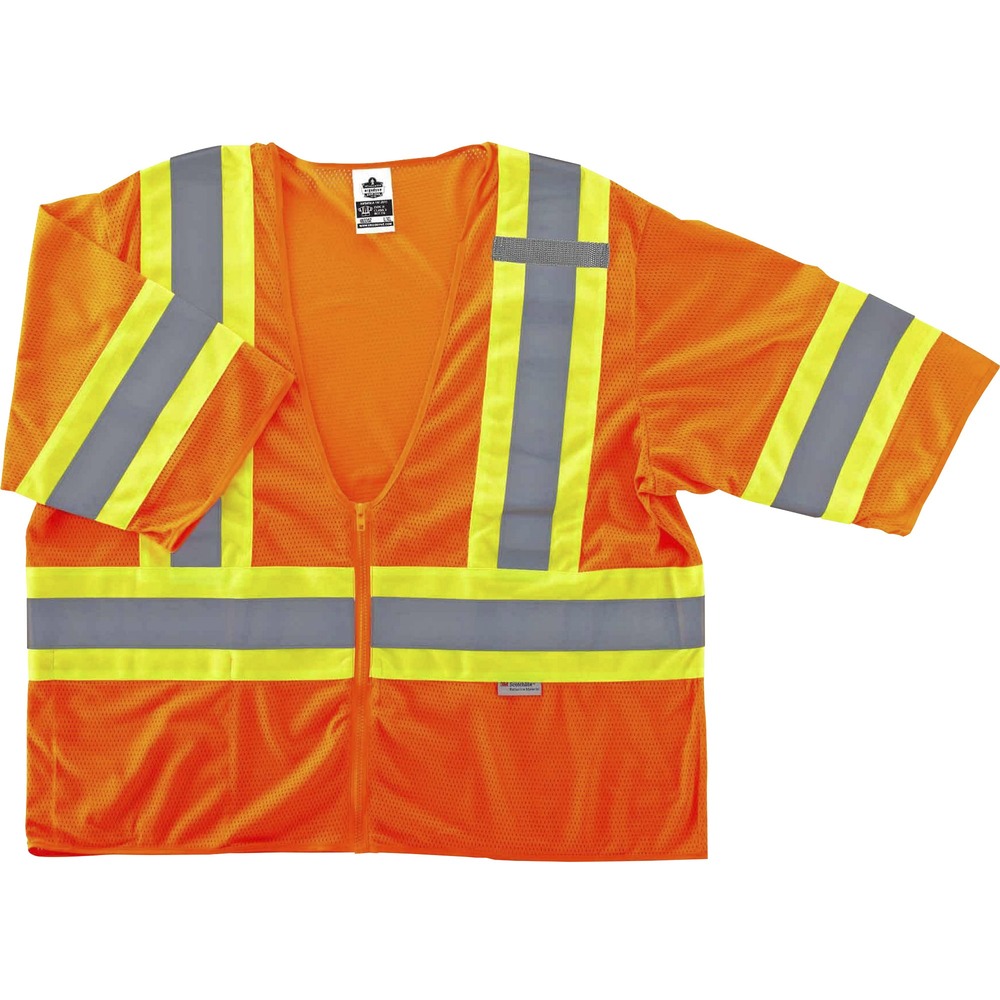 EGO22175 - Made of ANSI-compliant, polyester solid material (3.6 oz) with a mesh back (3.3 oz), this 8330Z Two-Tone Hi-Vis Safety Vest protects workers in low-light conditions. Vest is Type R, Class 3-approved for workers in high-traffic areas needing extra visibility. ANSI-compliant, reflective tape and fluorescent color provide maximum visibility and protection. Contrasting, fluorescent, 3-1/2" sections with reflective tape cross vertically and horizontally to further enhance visibility. Store tools in the inside pocket for organization. Safety vest securely holds radio with the stable mic tab. Zipper closure provides quick, on/off movement. Dual sizing creates a comfortable fit for extra space and accommodates bulky clothing.