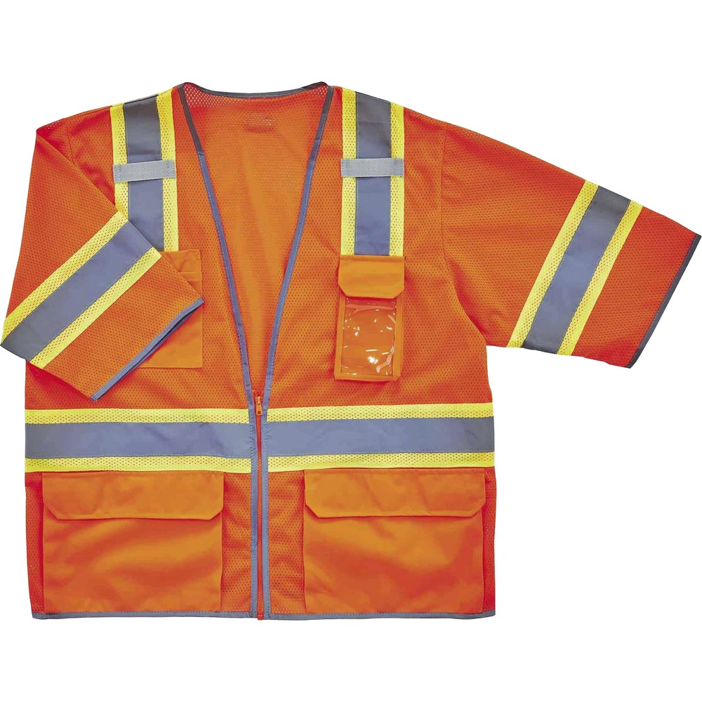 EGO24155 - Made with breathable, polyester mesh (3.3 oz), this 8346Z Two-Tone Hi-Vis Surveyors Vest protects workers in low-light conditions. It is Type R, Class 3-approved for workers in high-traffic areas needing extra visibility. Contrasting, fluorescent, 3-1/2" sections with reflective tape cross vertically and horizontally to further enhance protective measures. Vest securely holds two radios with the stable mic tabs for easy communication. Two outside, flap-top pockets supply quick, easy access to tools. Large pockets are designed to carry tools like gloves, tablets, notebooks and more. Put your phone, badge and pens in their allotted pockets. Large inside pockets hold notepads and books with the secure, hook-and-loop closure. Zipper closure provides quick on/off movements without snagging. The 100 percent polyester fabric is very durable, enhancing longevity. Vest is ideal for flaggers, airport baggage, handlers and ground crew and road construction workers.