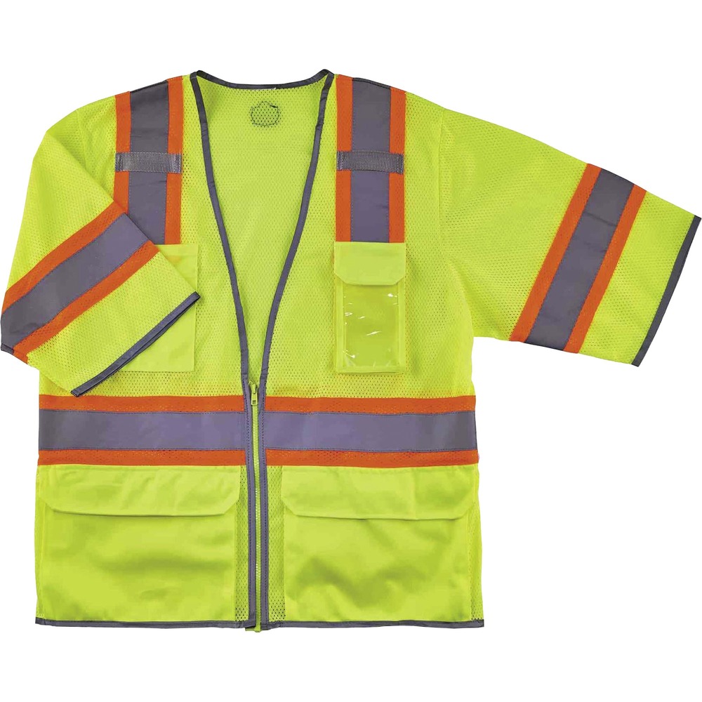 EGO24163 - Made with breathable, polyester mesh (3.3 oz), this 8346Z Two-Tone Hi-Vis Surveyors Vest protects workers in low-light conditions. It is Type R, Class 3-approved for workers in high-traffic areas needing extra visibility. Contrasting, fluorescent, 3-1/2" sections with reflective tape cross vertically and horizontally to further enhance protective measures. Vest securely holds two radios with the stable mic tabs for easy communication. Two outside, flap-top pockets supply quick, easy access to tools. Large pockets are designed to carry tools like gloves, tablets, notebooks and more. Put your phone, badge and pens in their allotted pockets. Large inside pockets hold notepads and books with the secure, hook-and-loop closure. Zipper closure provides quick on/off movements without snagging. The 100 percent polyester fabric is very durable, enhancing longevity. Vest is ideal for flaggers, airport baggage, handlers and ground crew and road construction workers.