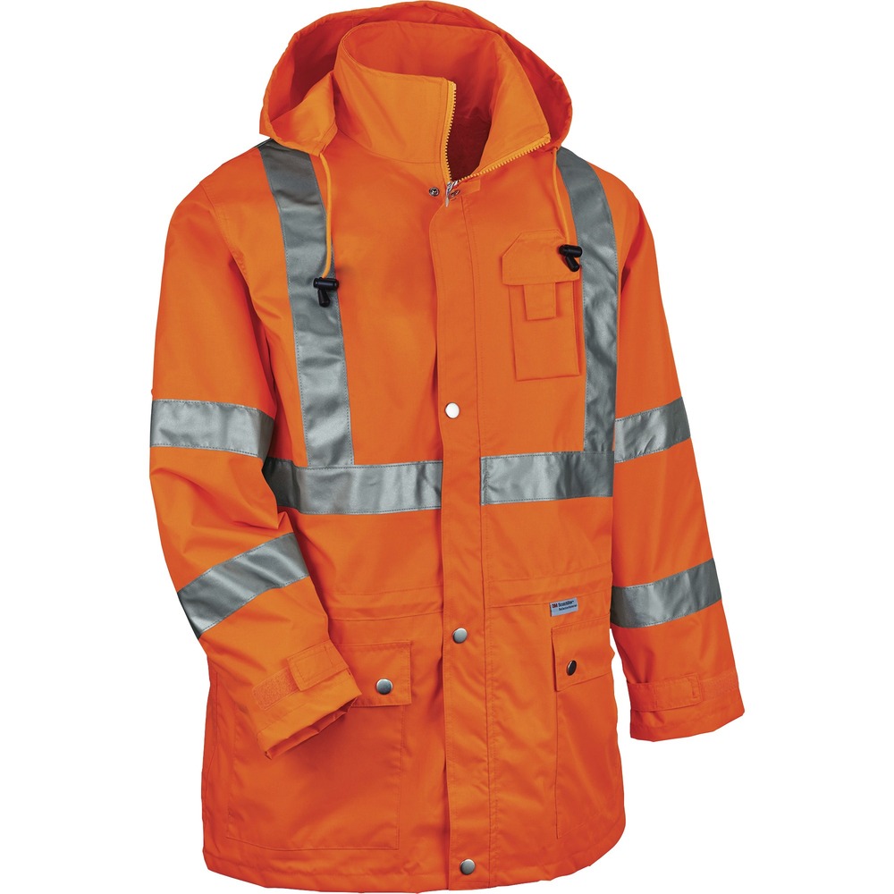 EGO24314 - 8365 Hi-Vis Rain Jacket offers waterproof, breathable protection against the elements. Vest is Type R, Class 3-and 3rd-party-approved for workers in high-traffic areas needing extra visibility. Made with a breathable, polyester shell and mesh lining that keeps water out, this rain jacket lets moisture escape to keep you cool and comfortable. The 2" 3M Scotchlite reflective tape on chest and arms heightens visibility at night or in low-light environments. Storm flap and button-snap closure prevent water from leaking through to the YKK No. 5 zipper. The inset hood, featuring a drawstring closure and stoppers for a close fit, reduces bulk when tucked away. Snap-flap closures safely store tools in pockets. Put your phone in its designated pocket. Rain jacket securely holds two radios with the stable mic tabs for convenient communication. This waterproof jacket offers comfortable protection against the elements for those working in road construction, utilities, and more.