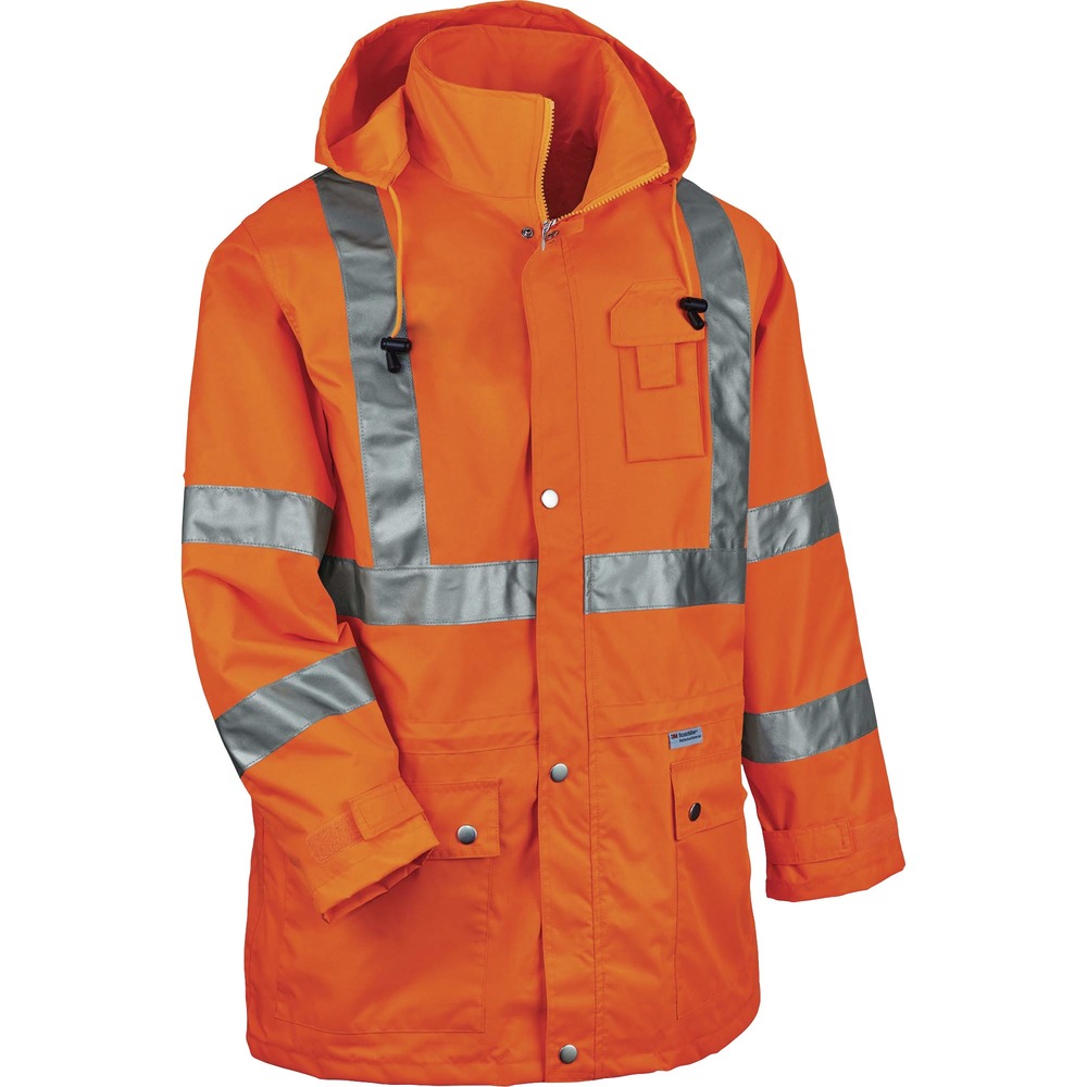 EGO24316 - 8365 Hi-Vis Rain Jacket offers waterproof, breathable protection against the elements. Vest is Type R, Class 3-and 3rd-party-approved for workers in high-traffic areas needing extra visibility. Made with a breathable, polyester shell and mesh lining that keeps water out, this rain jacket lets moisture escape to keep you cool and comfortable. The 2" 3M Scotchlite reflective tape on chest and arms heightens visibility at night or in low-light environments. Storm flap and button-snap closure prevent water from leaking through to the YKK No. 5 zipper. The inset hood, featuring a drawstring closure and stoppers for a close fit, reduces bulk when tucked away. Snap-flap closures safely store tools in pockets. Put your phone in its designated pocket. Rain jacket securely holds two radios with the stable mic tabs for convenient communication. This waterproof jacket offers comfortable protection against the elements for those working in road construction, utilities, and more.